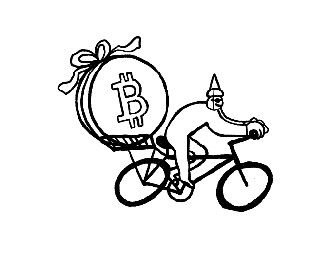 Illustration of a person riding a bycicle with bitcoin in the back