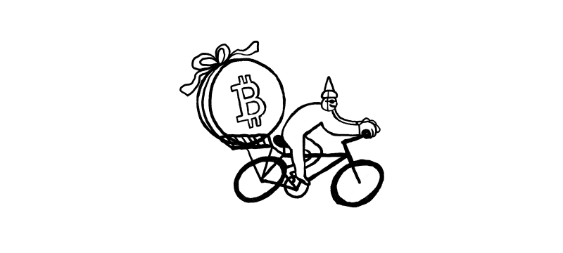 Illustration of a person riding a bycicle with bitcoin in the back