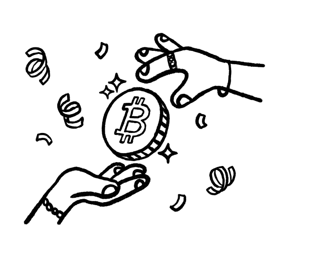 Illustration of two hands exchanging bitcoin