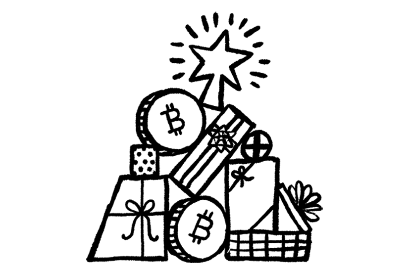 Illustration of a stack of gifts and crypto that form a Christmas tree
