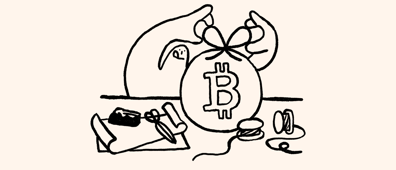 Illustration of man tying bag with bitcoin symbol.