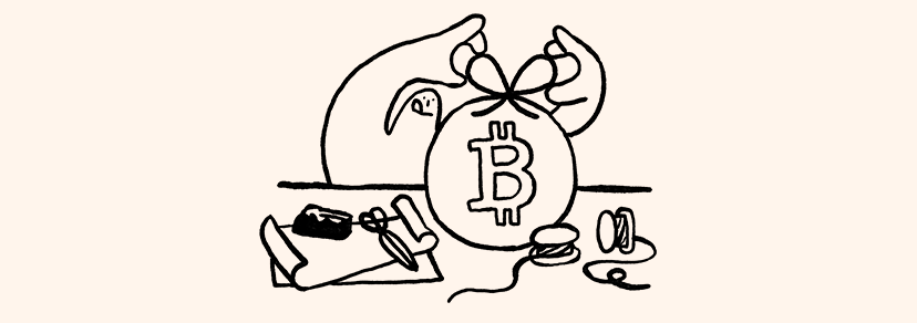 Illustration of man tying bag with bitcoin symbol.