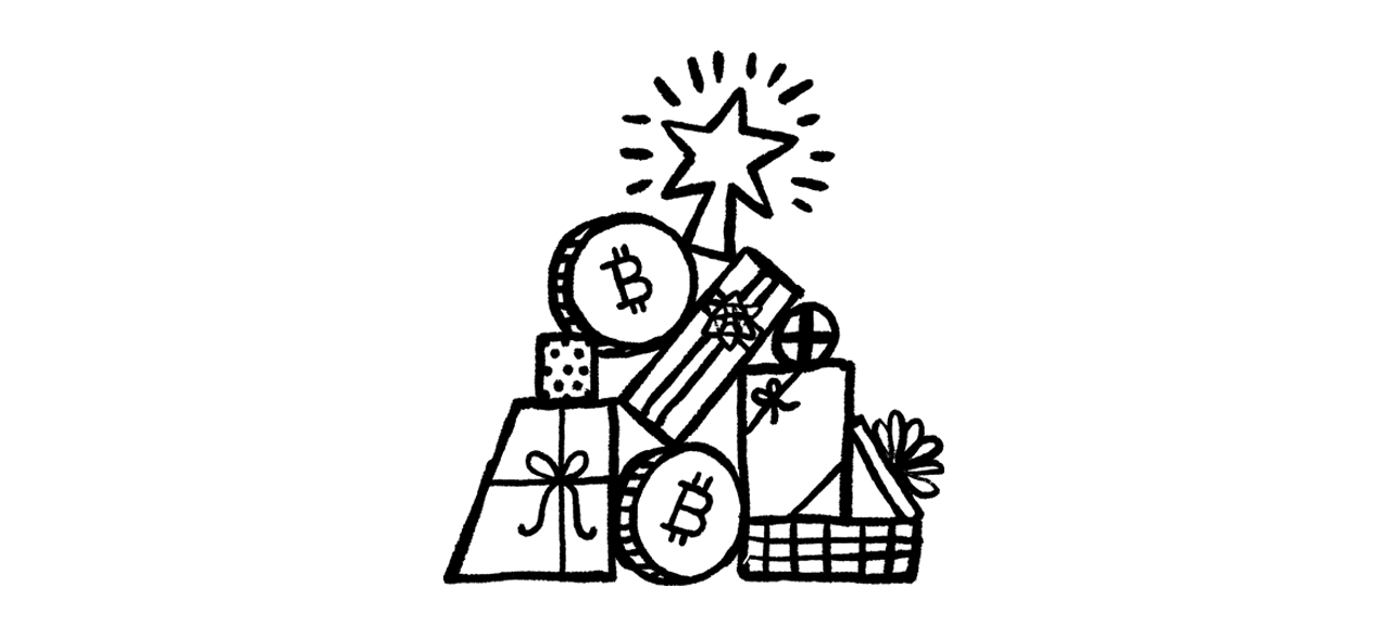 Illustration of a stack of gifts mixed with crypto
