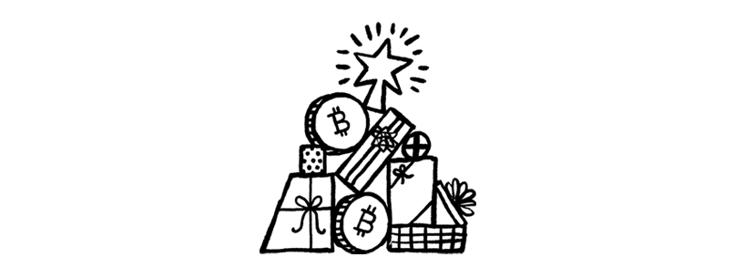 Illustration of a stack of gifts mixed with crypto