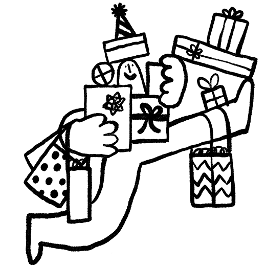 Man carrying a large assortment of gifts illustration