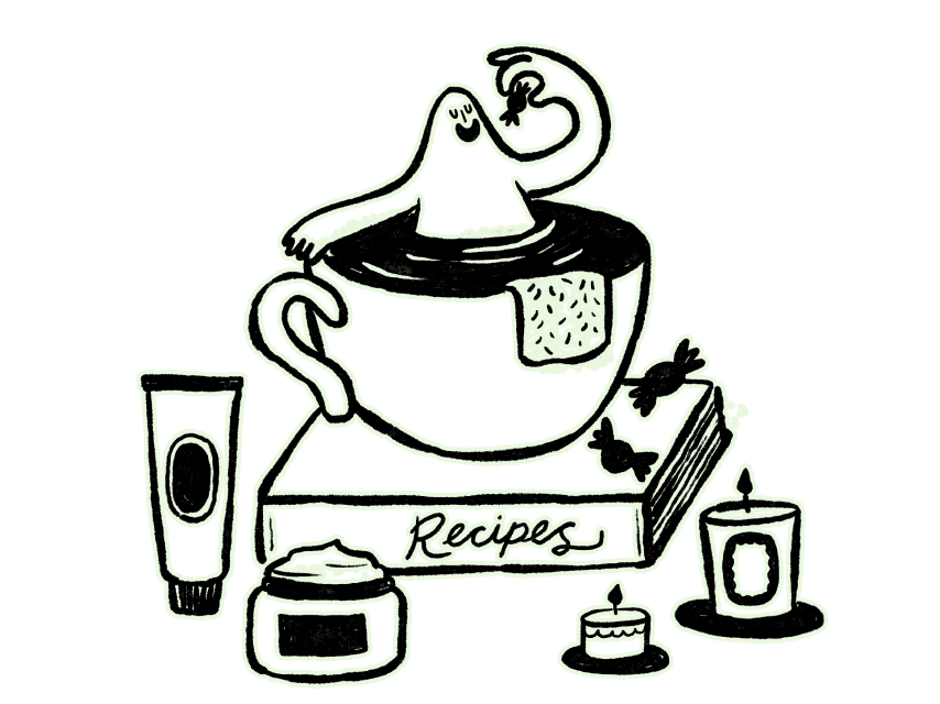 Illustration of person in coffee mug surrounded by gift ideas