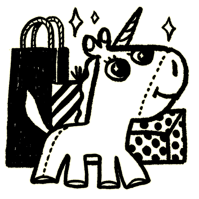 Illustration of toy unicorn standing in front of gifts