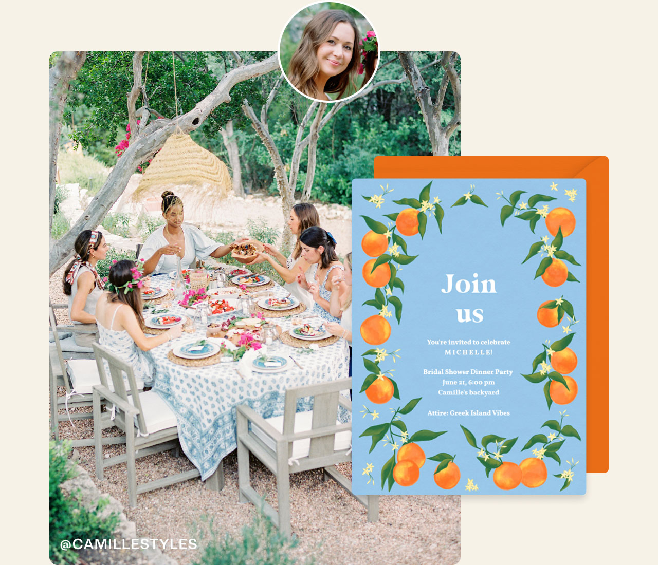 Camille Styles hosting an outdoor bridal shower with a bridal shower invitation
