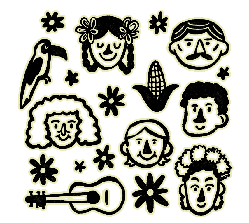 Illustration of people's faces and symbols of hispanic culture