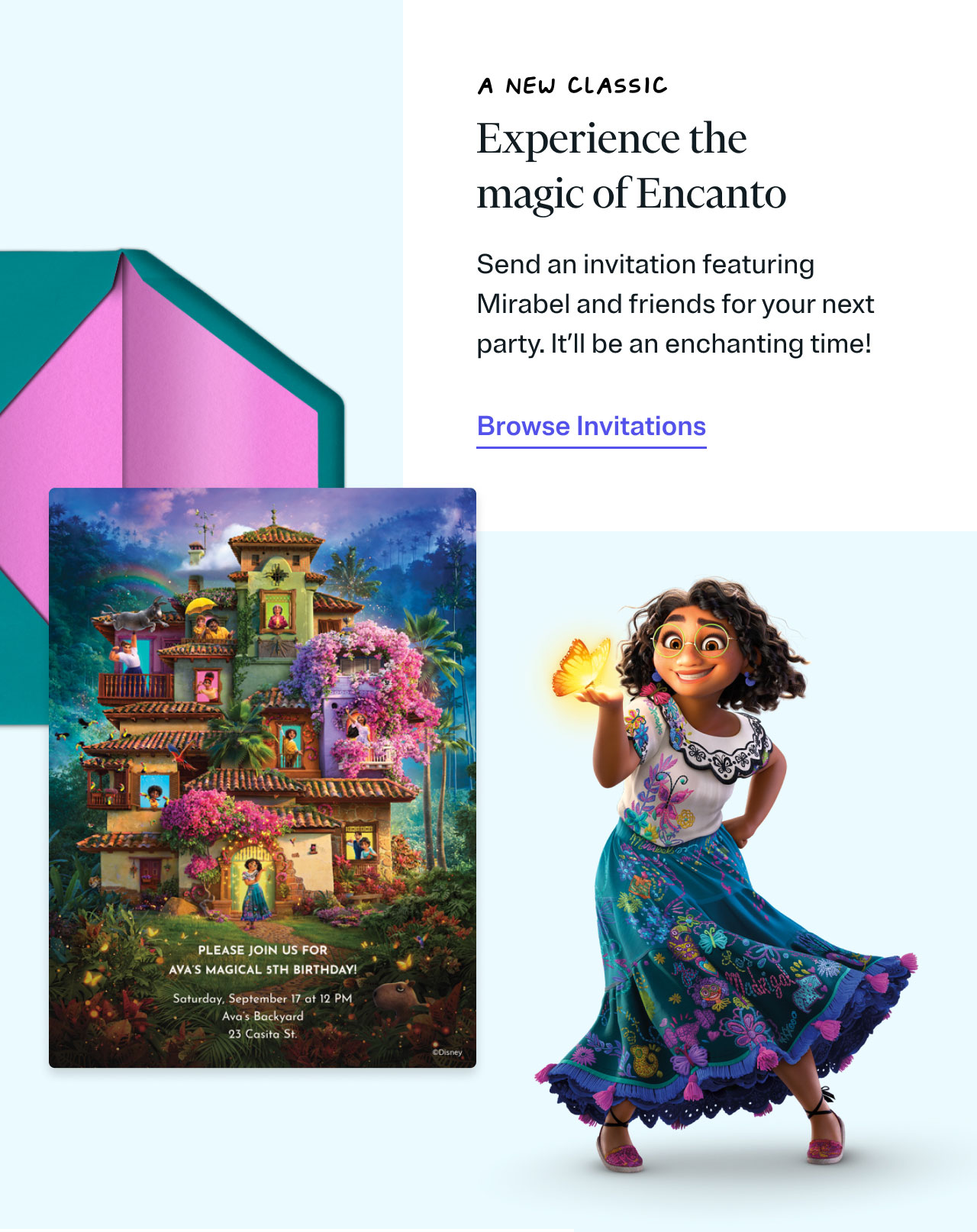 A New Classic | Experience the magic of Encanto | Send an invitation featuring Mirabel and friends for your next party. It’ll be an enchanting time!